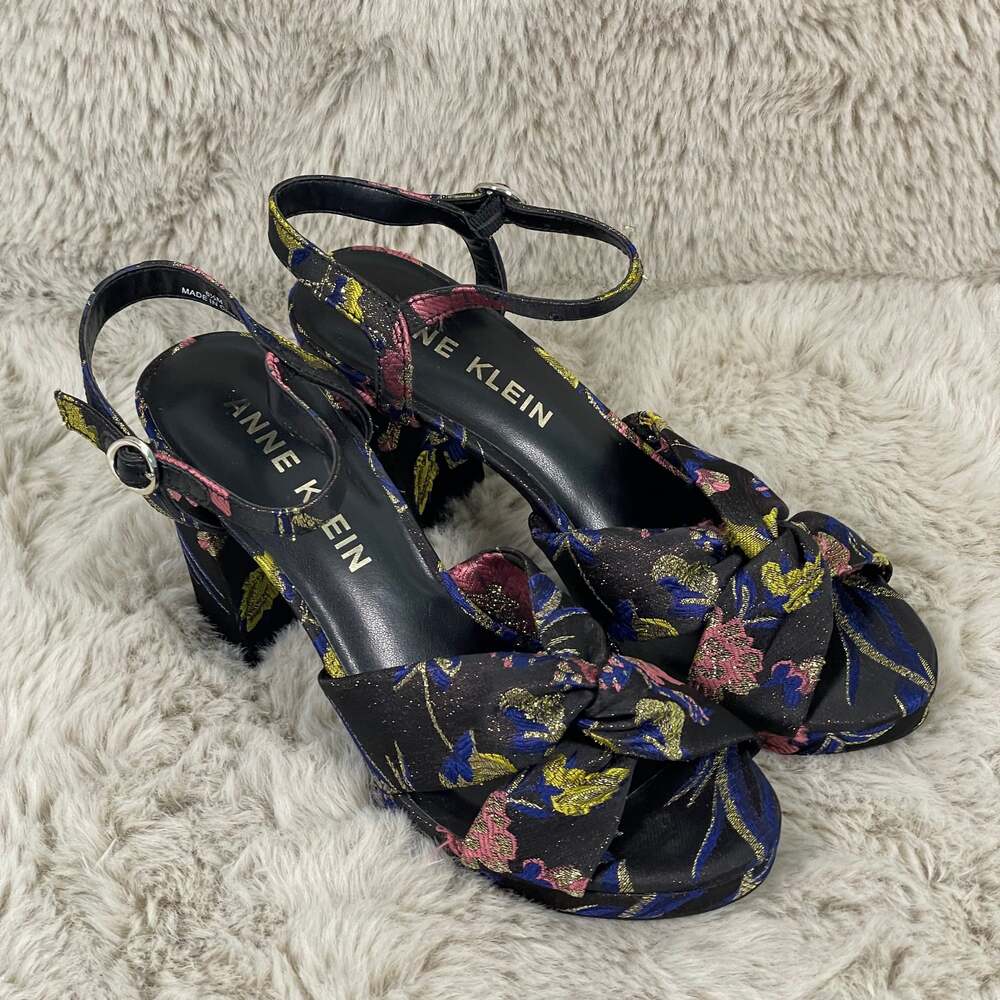 Anne Klein Black Floral Brocade Knot Block Heel Sandals